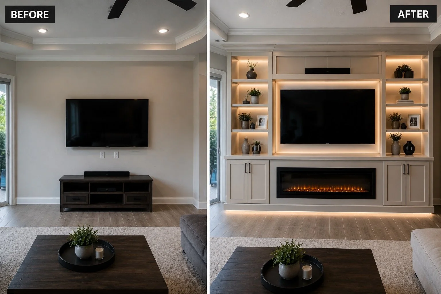 Before and after built-in entertainment center transformation with fireplace in Tampa home