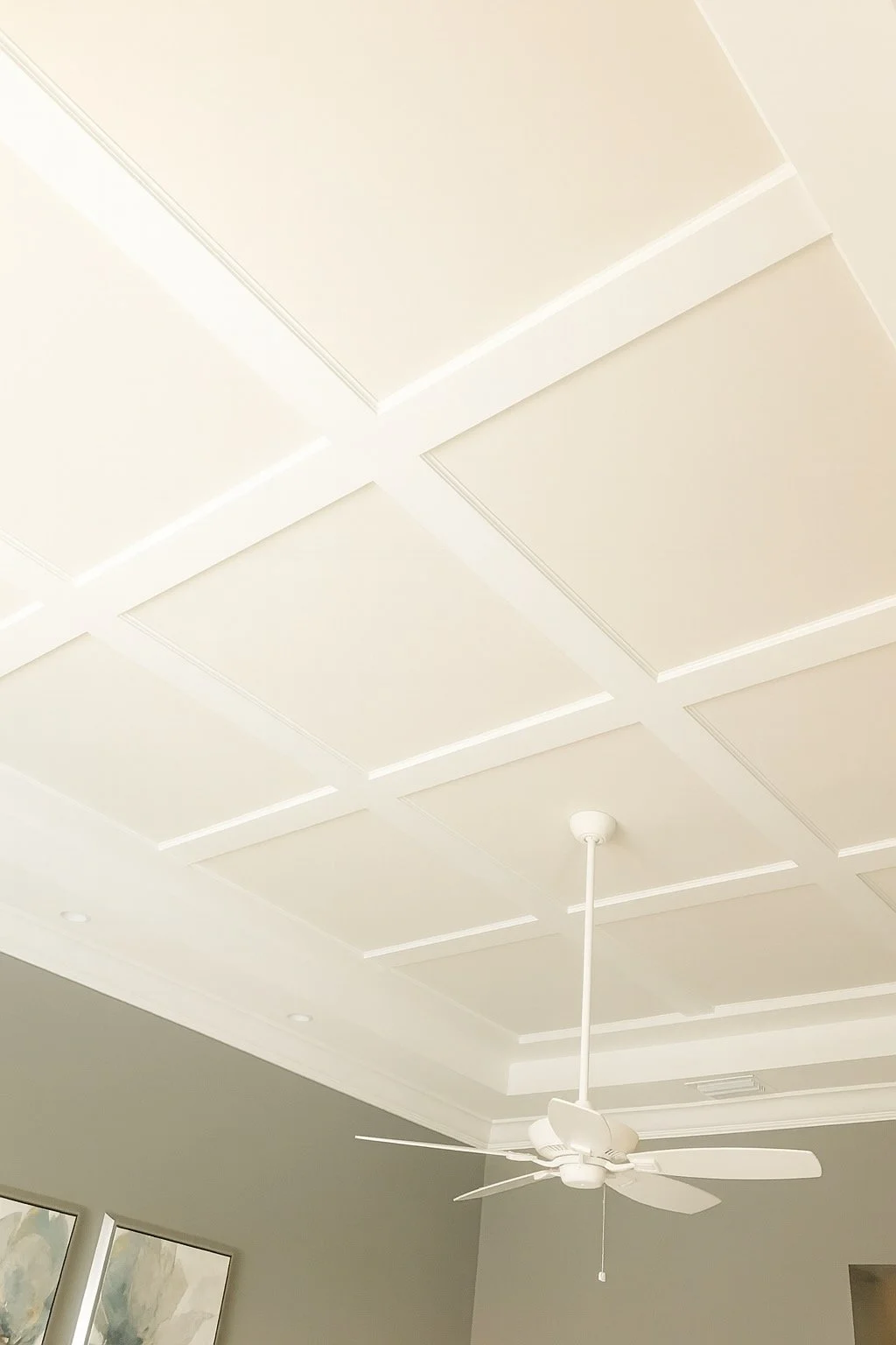 Ceiling with recessed panels and white ceiling fan in a room with light-colored walls.