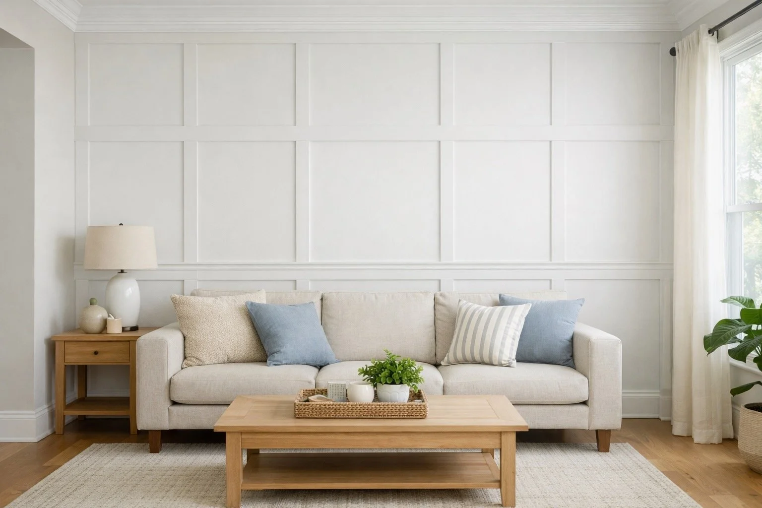 Board and batten accent wall in Tampa living room with white trim design and modern interior