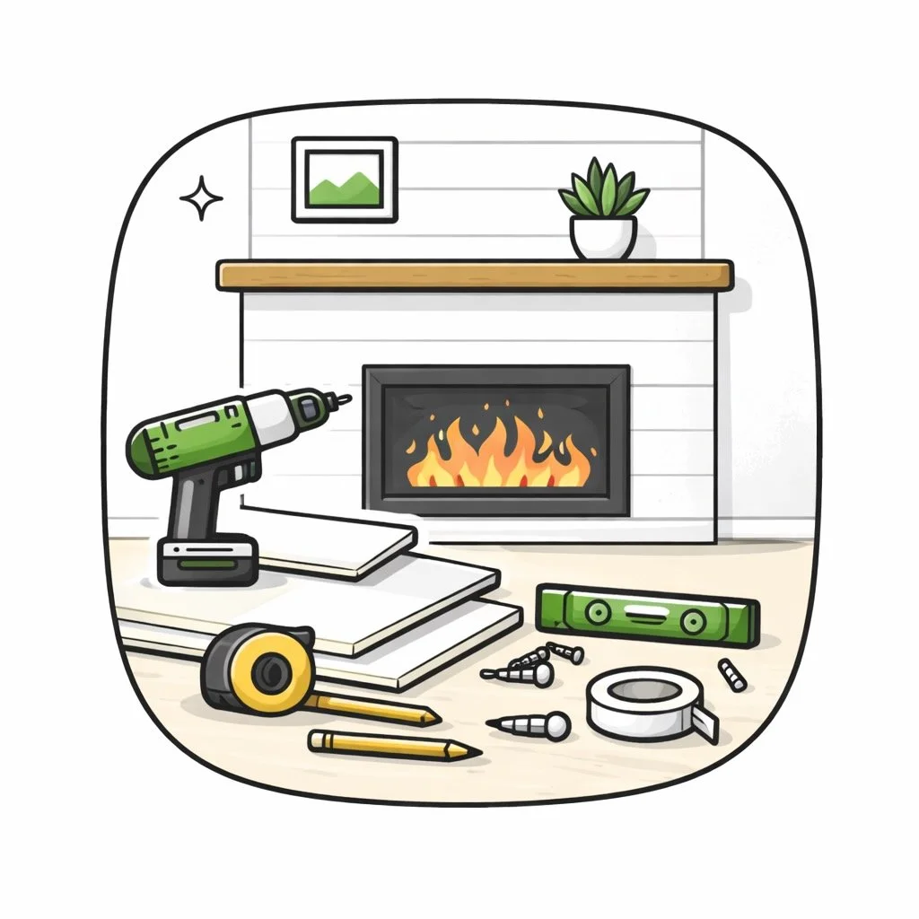 Illustration of a fireplace with a fire burning, surrounded by various tools and materials for home improvement, including a cordless drill, level, tape measure, pencil, screws, nails, and a power strip.