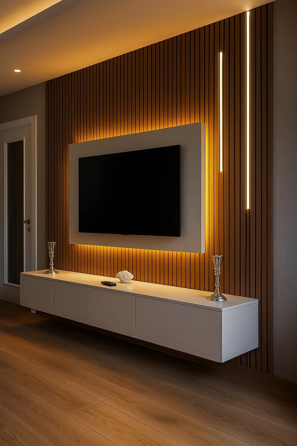 Modern living room with a mounted flat-screen TV on a wood-paneled wall, illuminated with vertical LED strip lights. Below, a white floating cabinet holds decorative silver vases, a black remote, and a white decorative object. The room has warm light