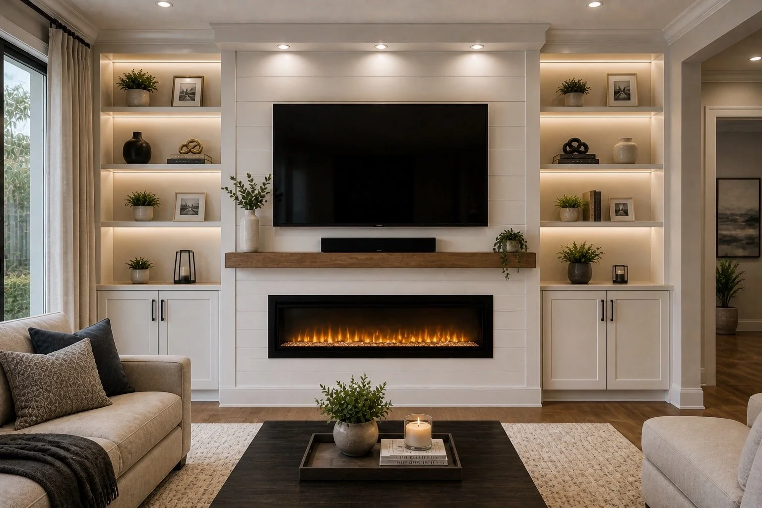 Premium built-in media wall in Tampa with cabinets, LED lighting, TV and fireplace