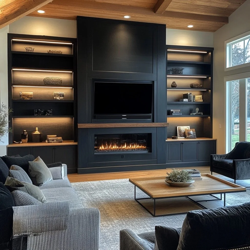 Living room with black built-in shelves on either side of a fireplace, a television mounted above the fireplace, a wooden coffee table, and seating including a gray checkered sofa and black armchairs, with large windows on the right side letting in n