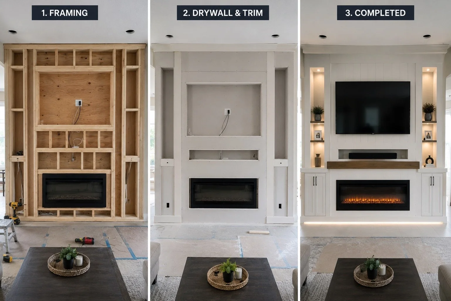 Fireplace media wall installation process in Tampa showing framing drywall and completed build