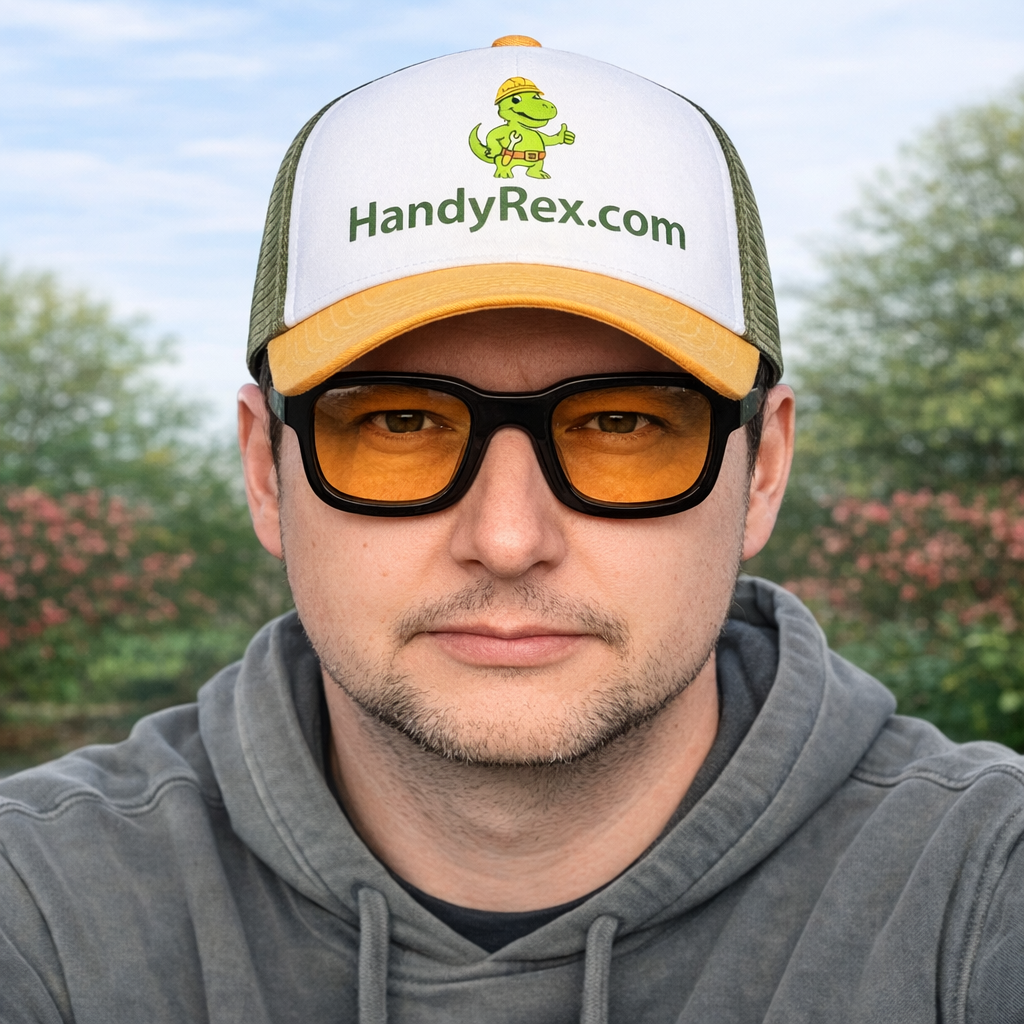 A man wearing a Hat with the logo HandyRex.com, black sunglasses with yellow-tinted lenses, and a gray hoodie. He is outdoors with a background of trees and pink flowers.