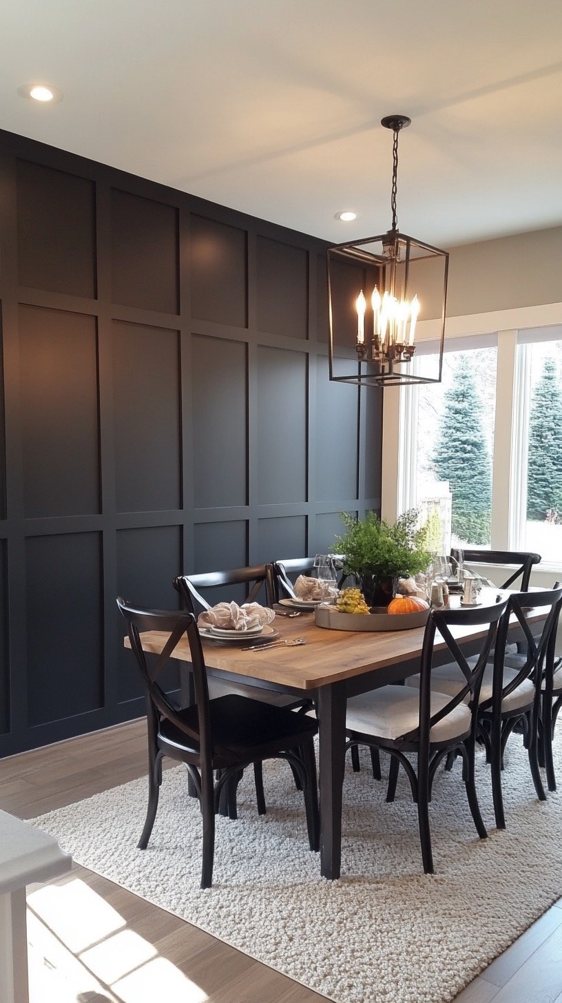 A dining room with a wooden table set for a meal, surrounded by black chairs with white cushions. A modern chandelier hangs above the table, and a large window in the background reveals snow-covered trees outside. The wall behind the table features d