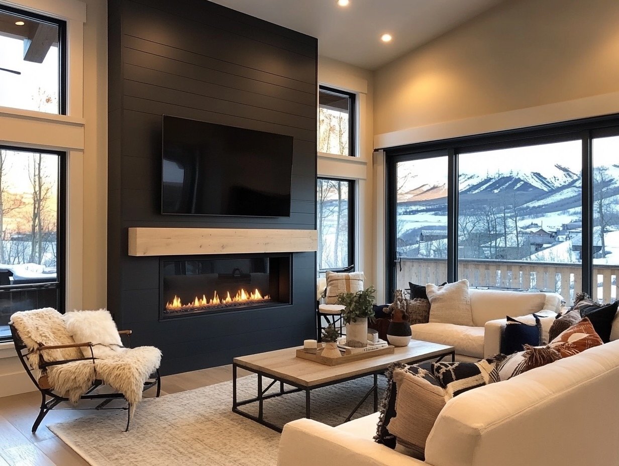 Modern living room with large windows overlooking snowy mountains, beige sectional sofa with pillows, a wooden coffee table with decor, and a wall-mounted flat-screen TV above a fireplace.