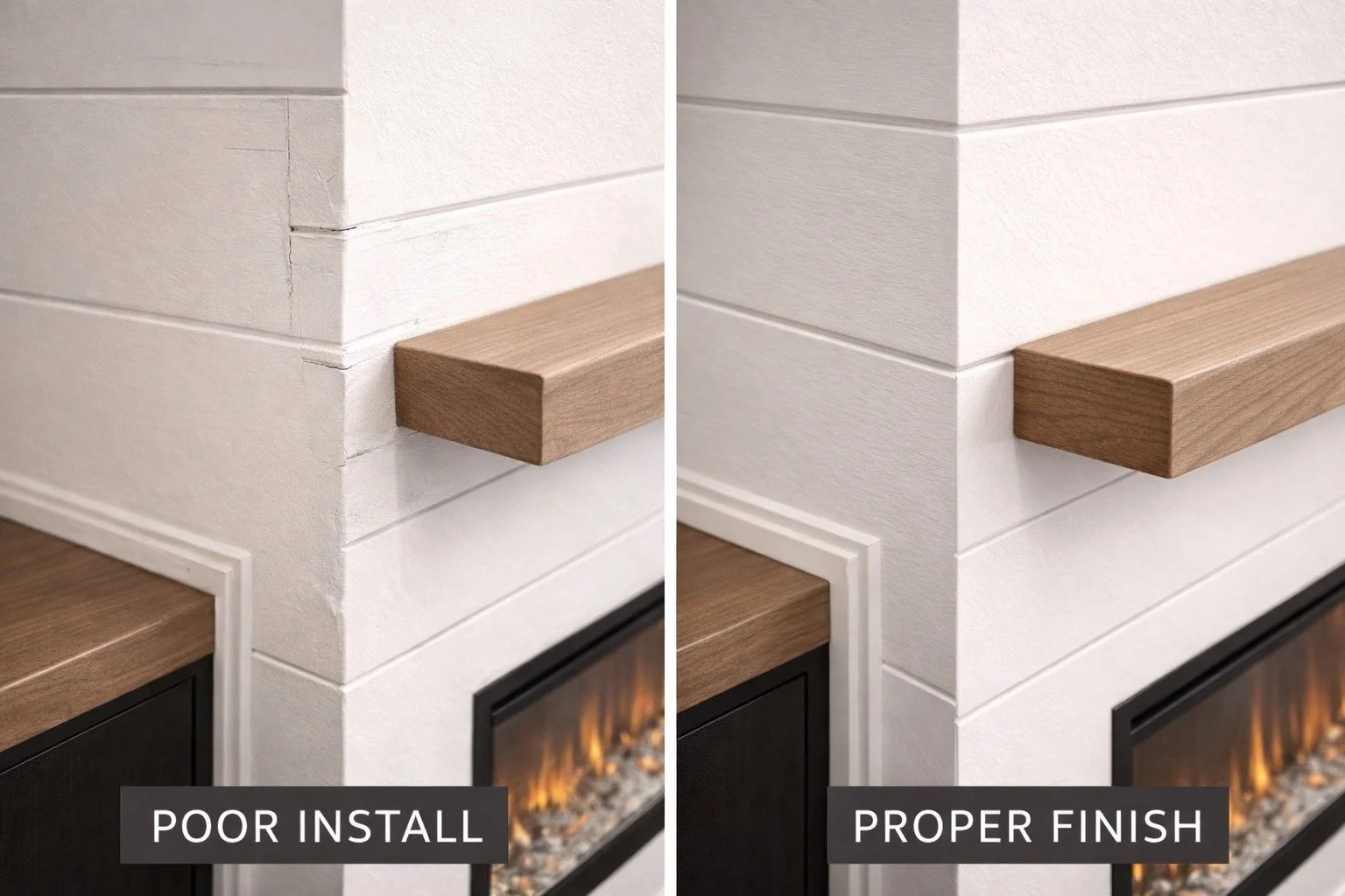 Comparison of poor vs professional fireplace wall installation showing gaps and uneven lines versus clean finish