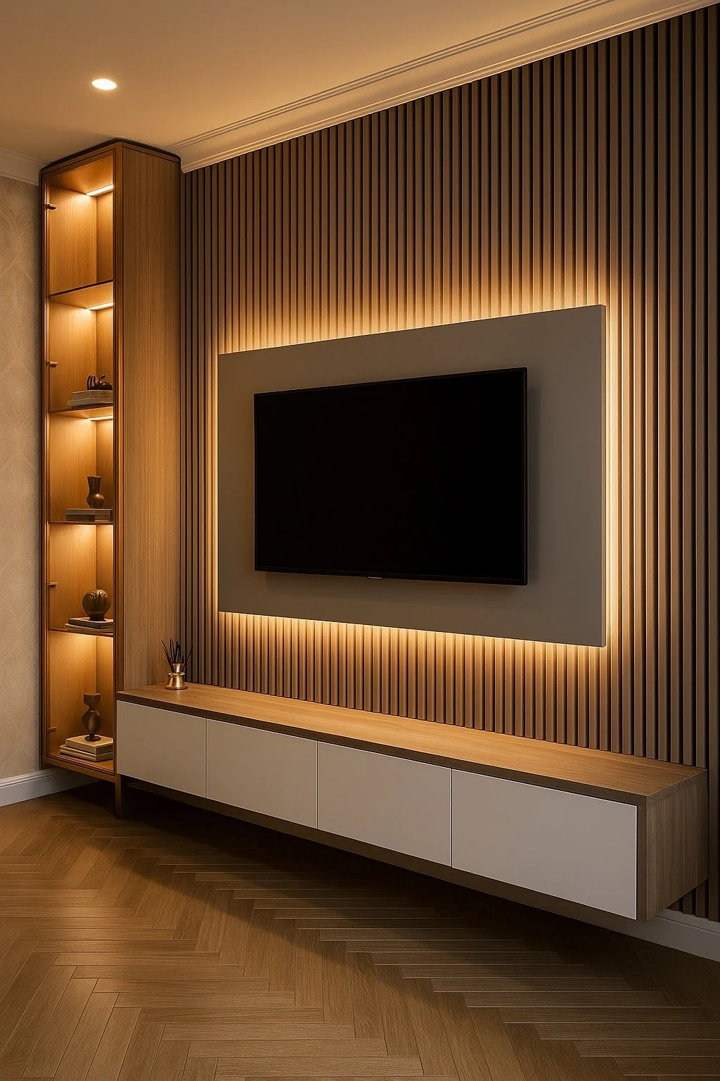 Modern living room with a flat-screen TV mounted on a wall with vertical wooden slats, backlit with warm lighting. A floating cabinet below the TV and a tall shelf with decorative items are also visible.