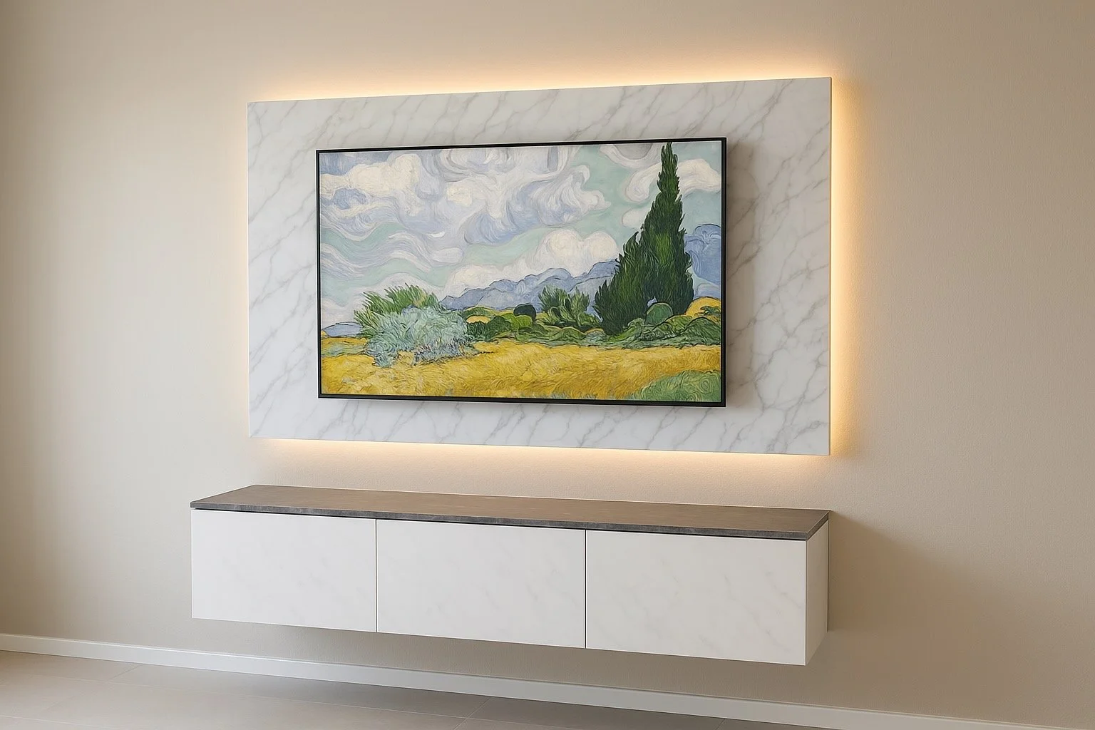 Framed landscape painting of cypress trees, bushes, mountains, and cloudy sky, mounted on a marble wall with backlit lighting.