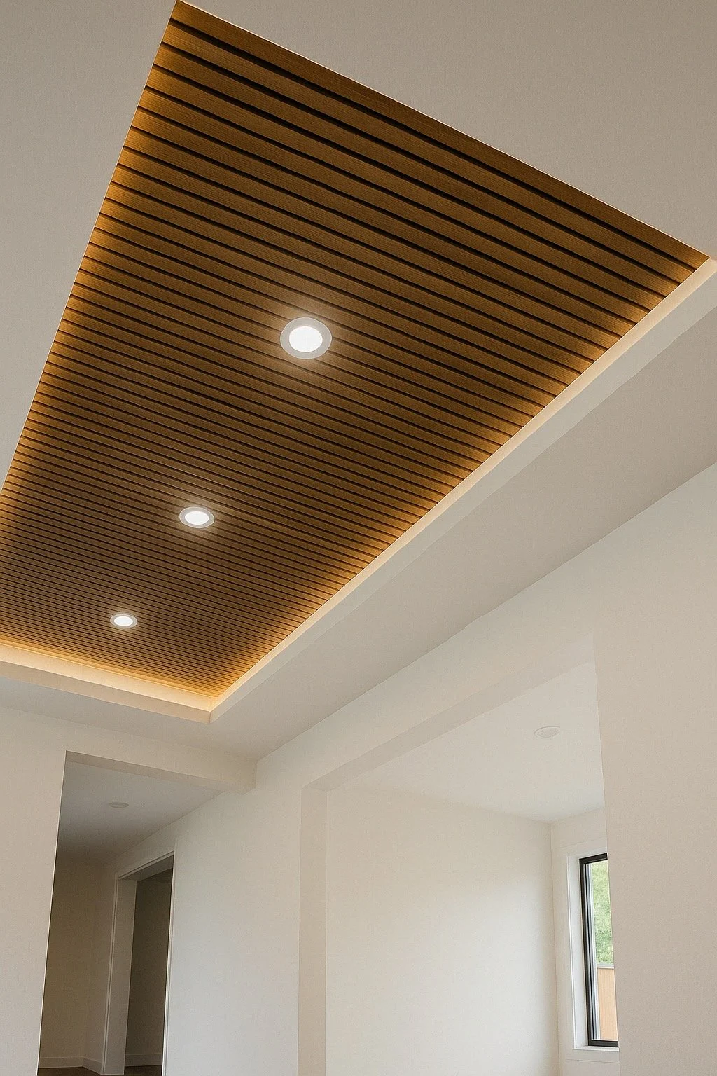Ceiling with wooden slats and recessed lighting in a modern room.