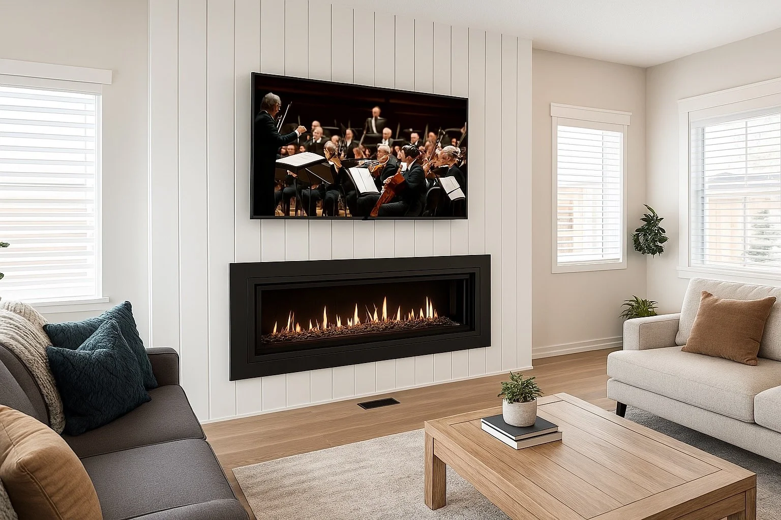 Living room with a wall-mounted TV showing an orchestra, a fireplace below it, sofa with cushions, small plants, large windows, and a wooden coffee table.