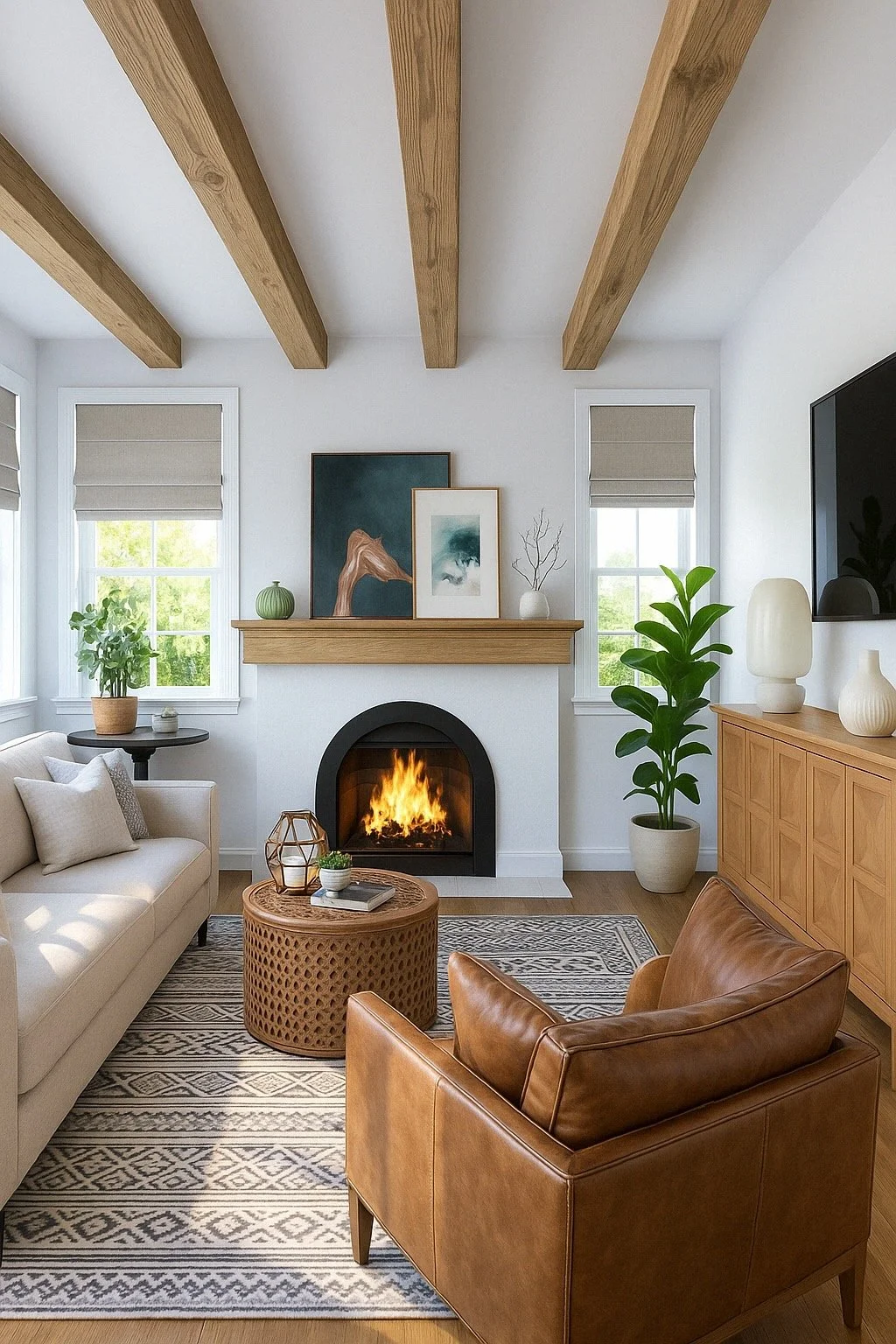 Living room with white walls, wooden ceiling beams, fireplace, and large windows. Furniture includes a beige sofa, a brown leather armchair, and a round wicker coffee table. Decor features artwork above the fireplace, green plants, and decorative vas