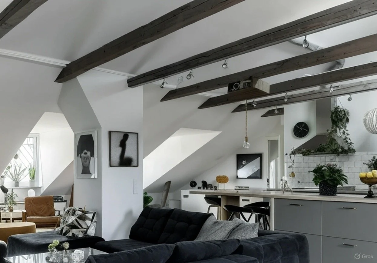 Interior of a modern living room with a kitchen, featuring white walls, exposed wooden beams on the ceiling, various framed black-and-white artworks, a black couch, a yellow armchair, and a kitchen area with plants and kitchenware.