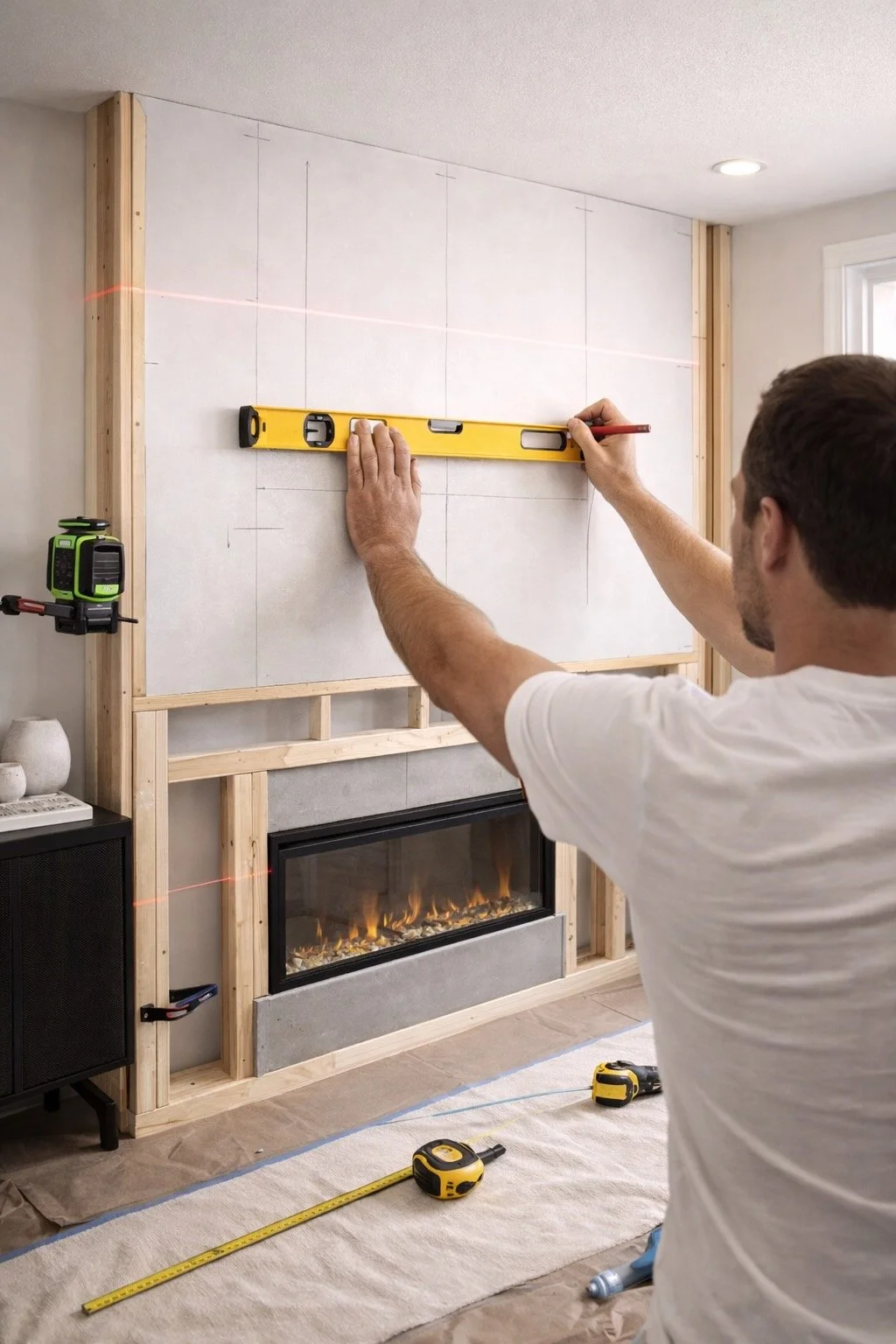 Carpenter installing fireplace media wall using level and tools during framing and layout process