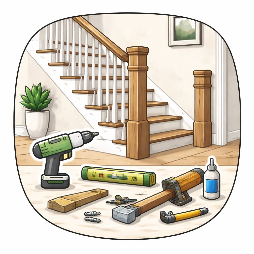 Tools and supplies for woodworking in front of a staircase inside a house.