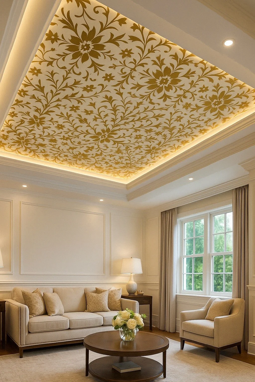 Living room with a decorative ceiling featuring gold floral patterns, a beige sofa with matching pillows, a wooden side table with a lamp, a window with curtains, and a round coffee table with a flower arrangement.