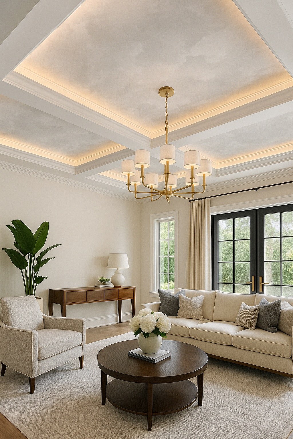 Living room with white sofa, armchair, dark wood coffee table with white flowers, large glass doors, and neutral decor.