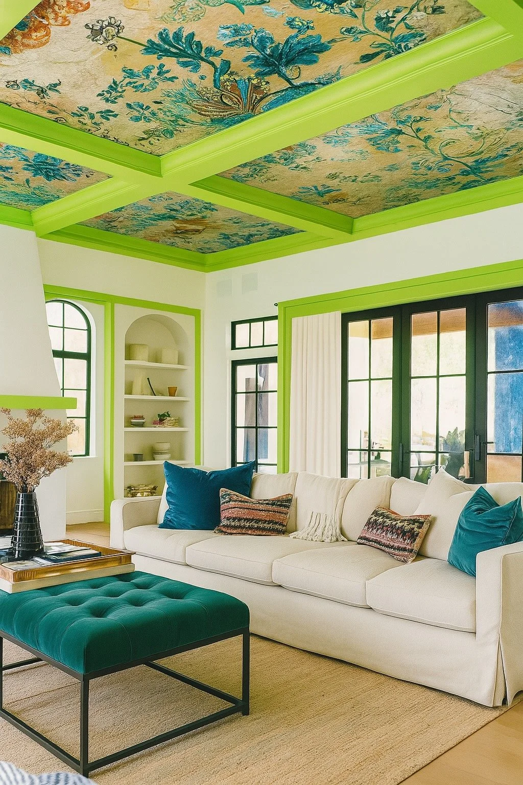 Bright living room with a white sofa, colorful pillows, a green tufted ottoman, and large windows with black frames, green trim, and white curtains. Decorative ceiling with floral pattern and green trim.
