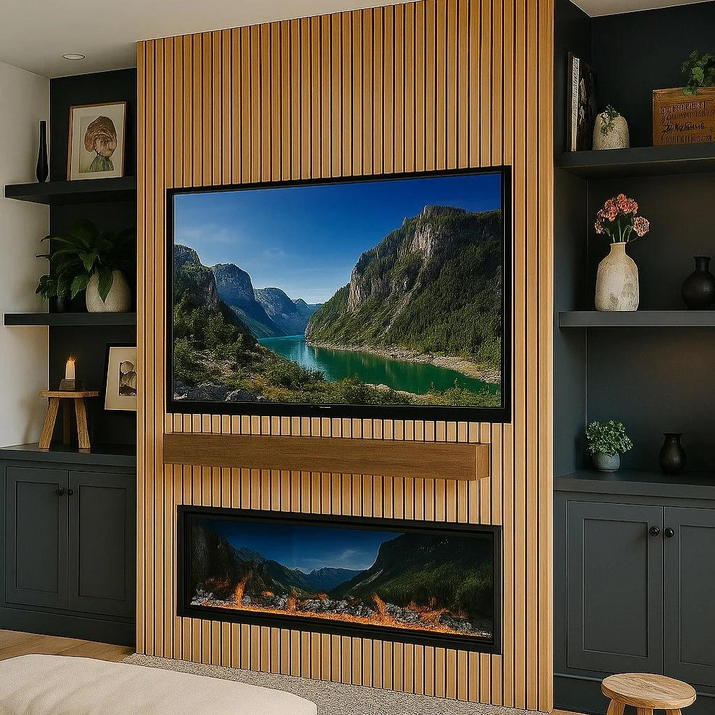 Living room with a wall-mounted flat screen TV displaying a river and mountains, surrounded by wooden slats. Below the TV, there is a built-in electric fireplace. Dark gray shelving units with plants, decorations, and framed photos flank the setup.
