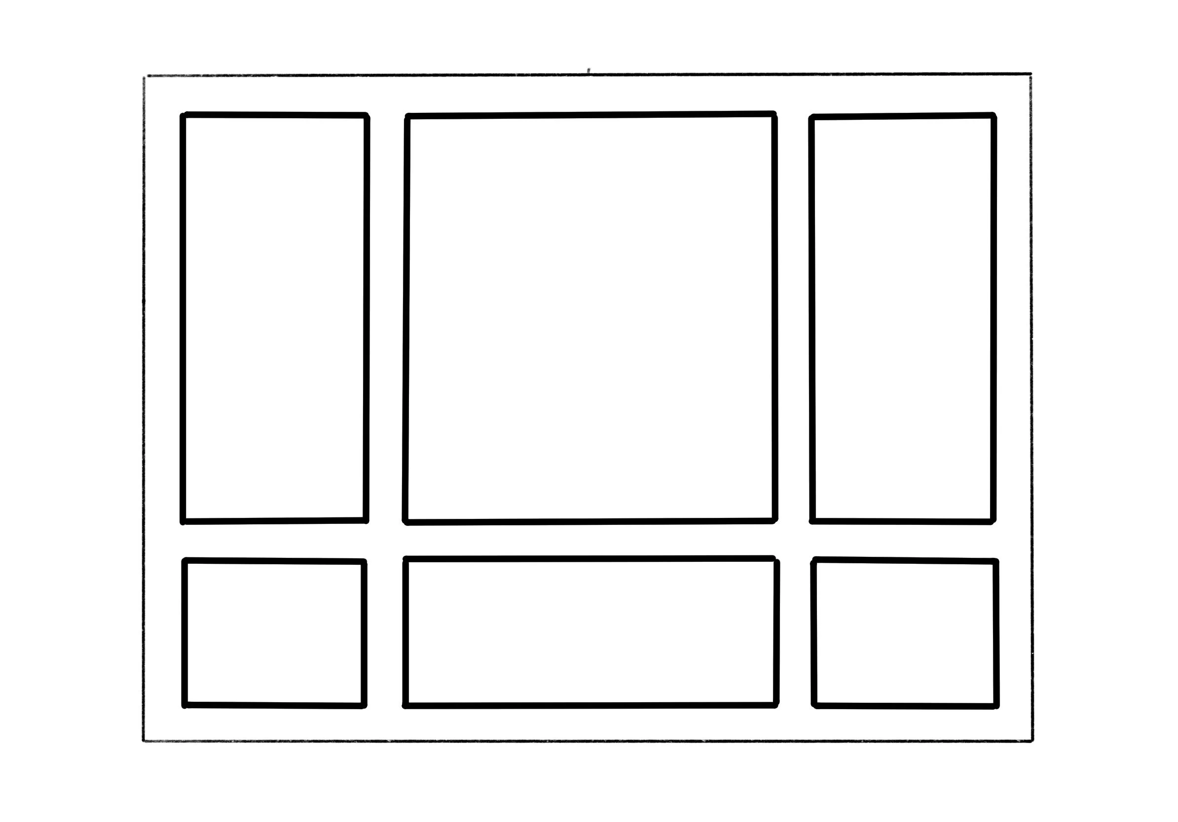 Outline of a six-sectioned tray with rectangular and square compartments.