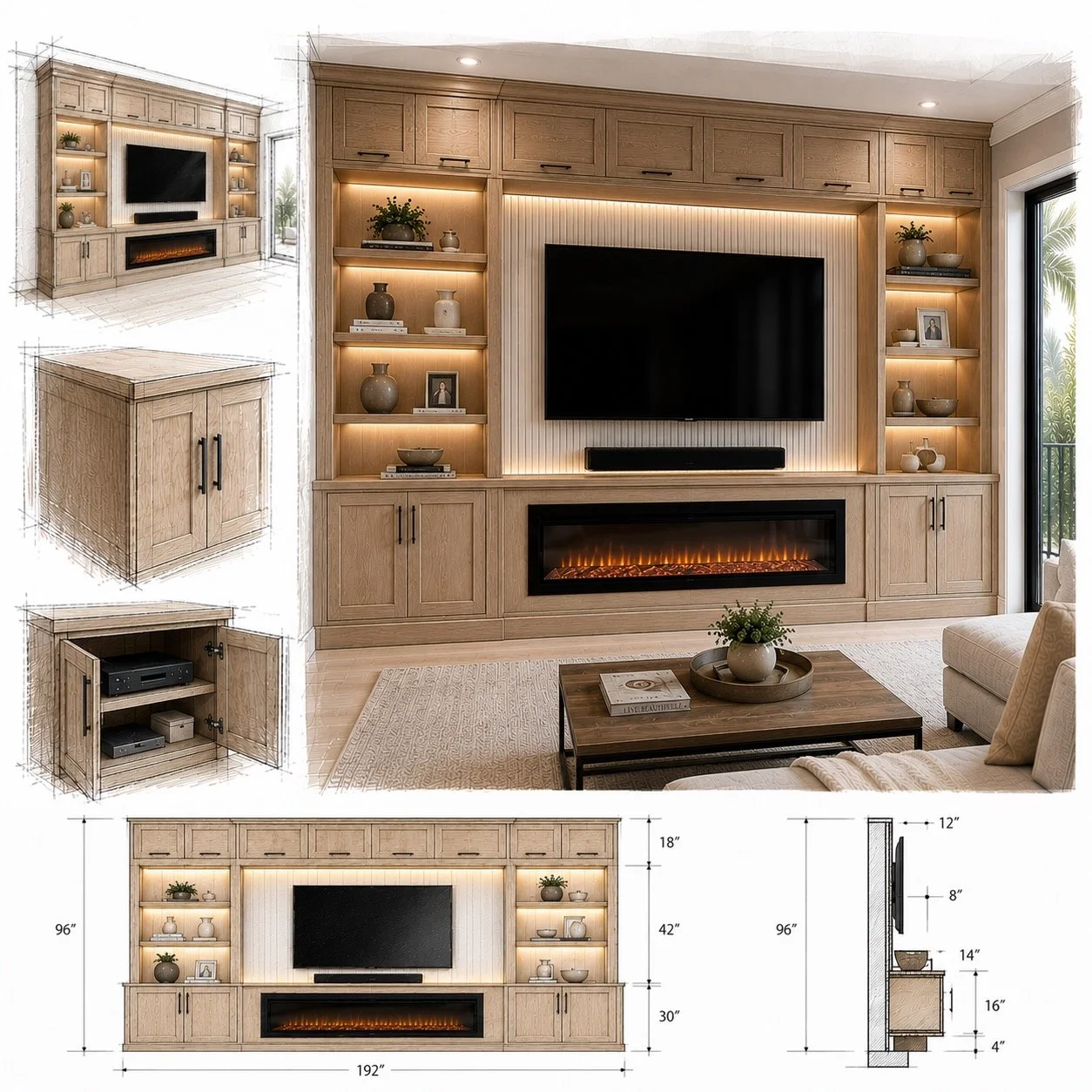 Floor to ceiling MediaVault entertainment center with custom cabinetry shelving fireplace and television wall concept