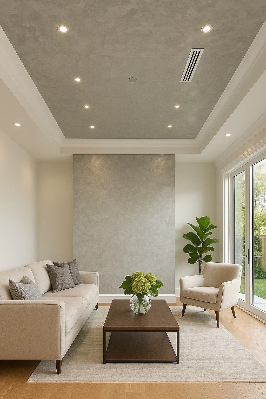 Living room with beige sofa and armchair, dark wood coffee table with green floral arrangement, large window with garden view, ceiling with recessed lighting and air vent, neutral color scheme