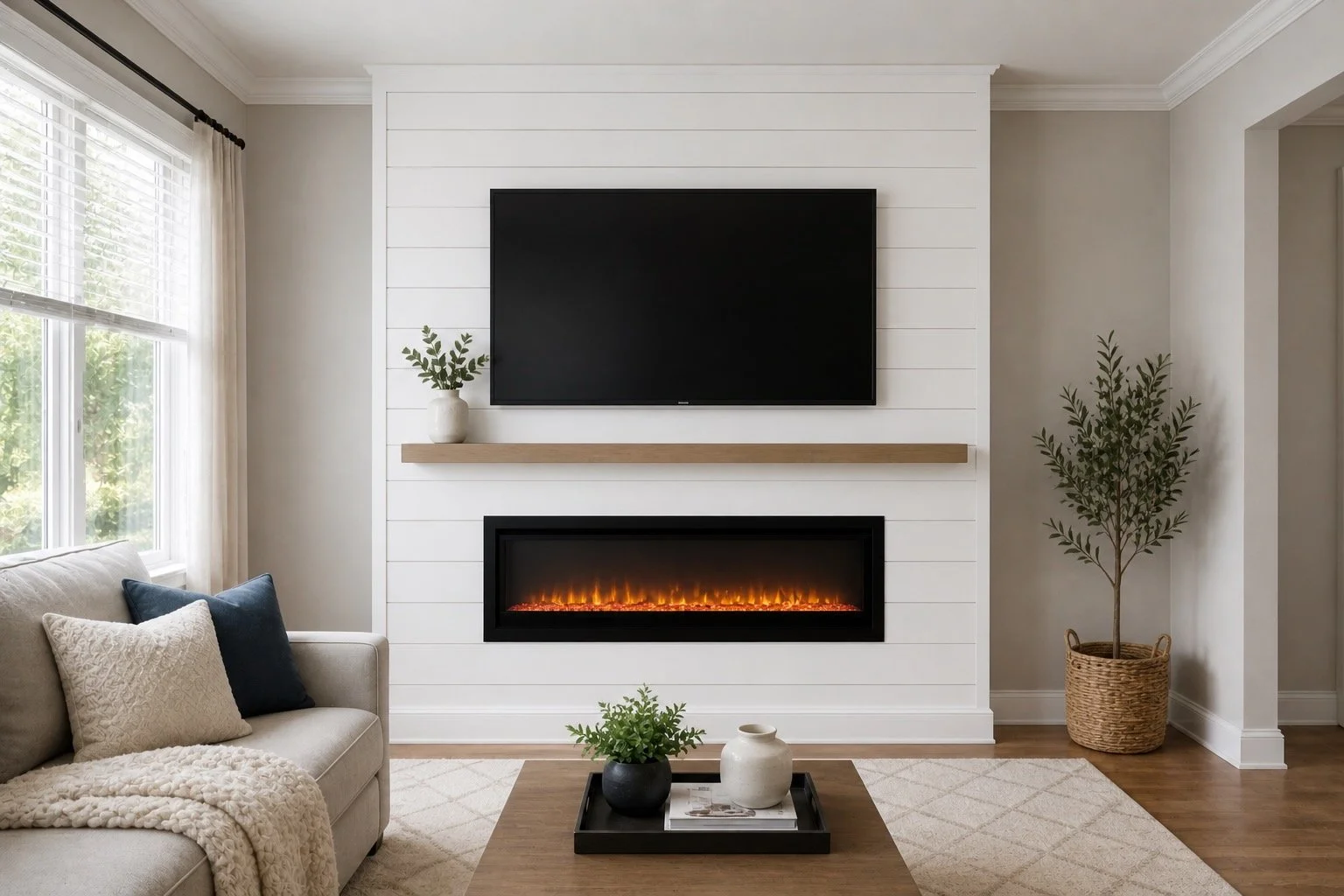 Basic fireplace media wall in Tampa with shiplap design, electric fireplace and wall mounted TV