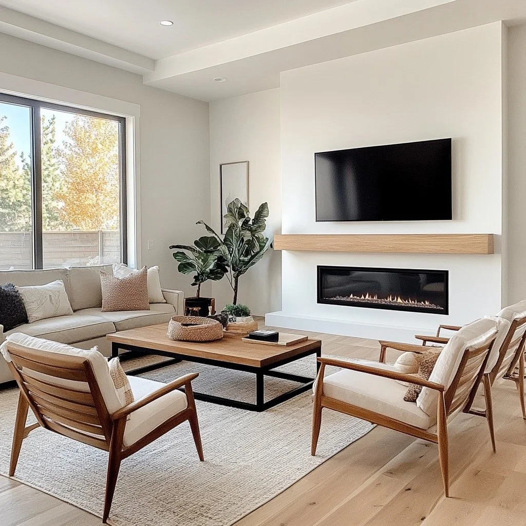 Living room with a beige sofa and two armchairs around a wooden coffee table, a flat-screen TV mounted above a modern fireplace on a white wall, large window with a view of trees outside, decorated with indoor plants and pillows.