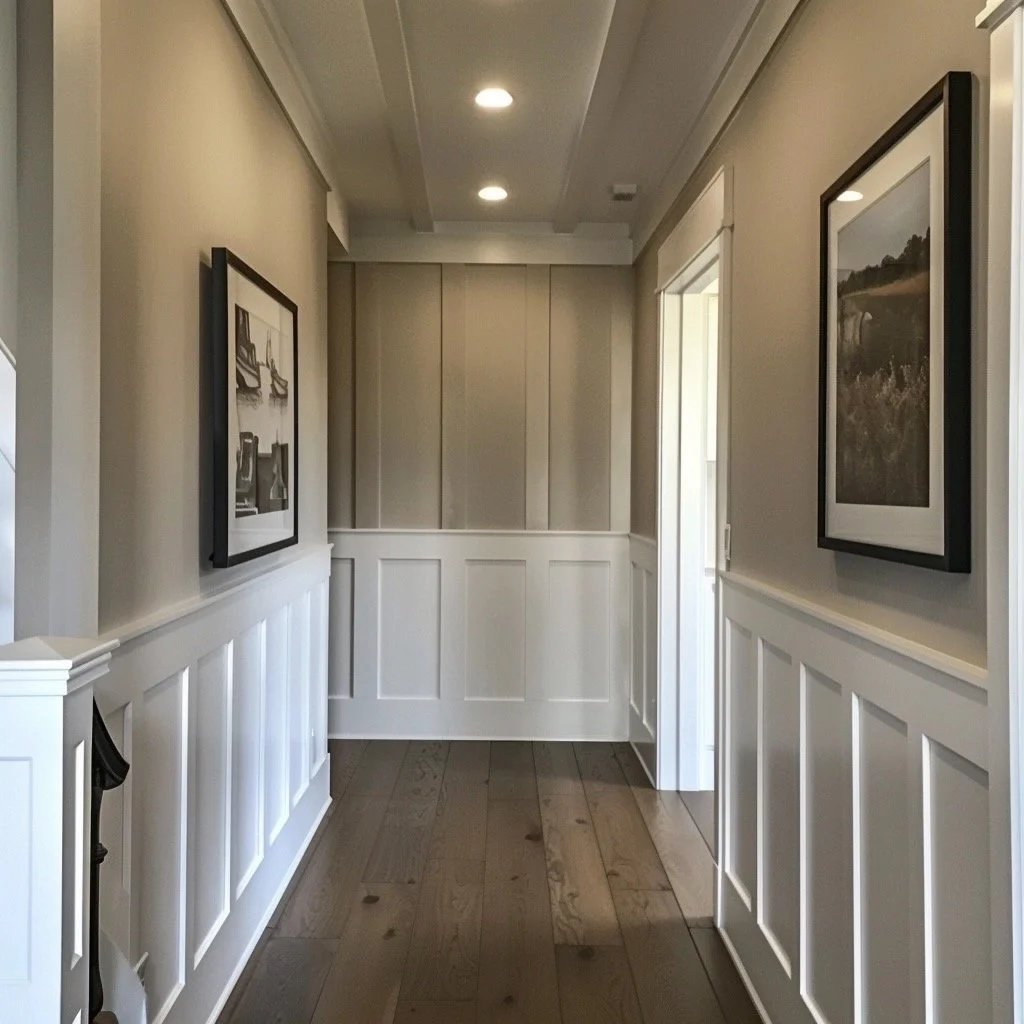Hallway with beige walls, white wainscoting, wooden flooring, framed black and white photographs on walls, ceiling with recessed lighting, partially open door on the right.