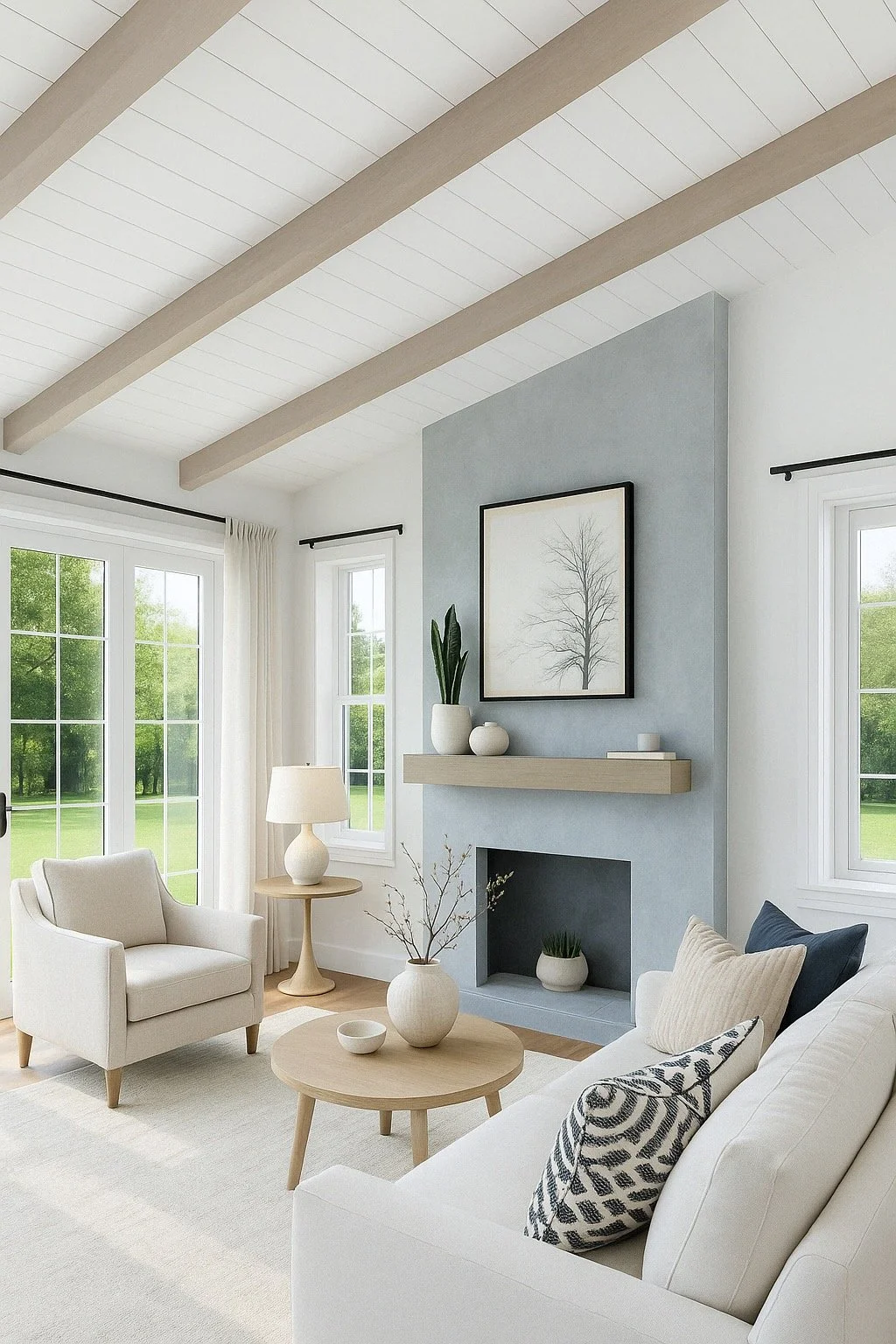 Bright living room with white furniture, a fireplace, a round coffee table, large windows, and minimalist decor.