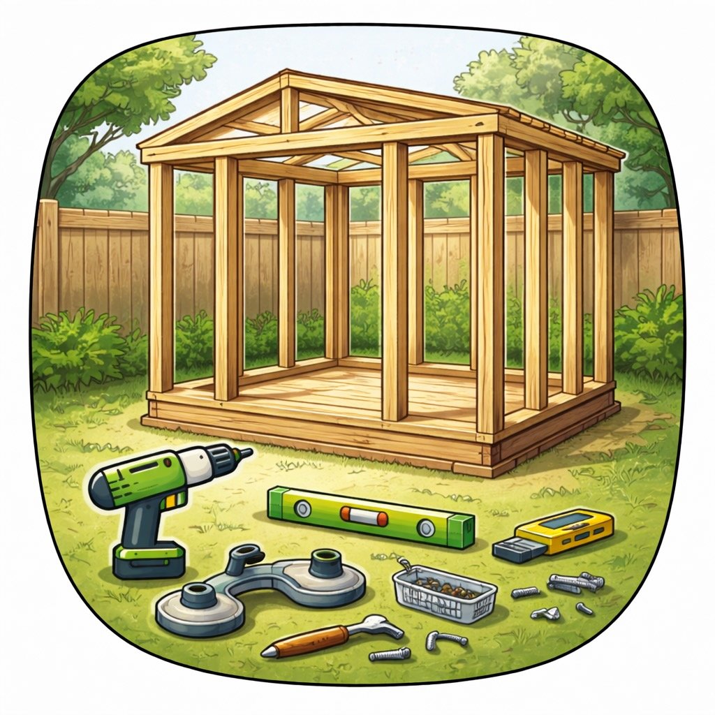 A partially built wooden shed in a backyard, with tools and hardware scattered on the grass in front, including a cordless drill, level, saw, screws, and a container of hardware, with a fence and trees in the background.