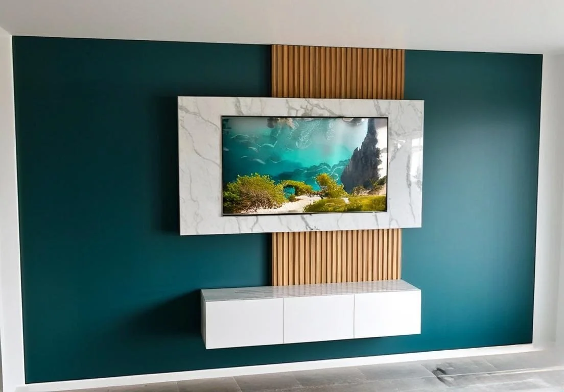 Modern living room wall with a mounted flat-screen TV framed by white marble, wooden slats behind, and a white floating cabinet below.