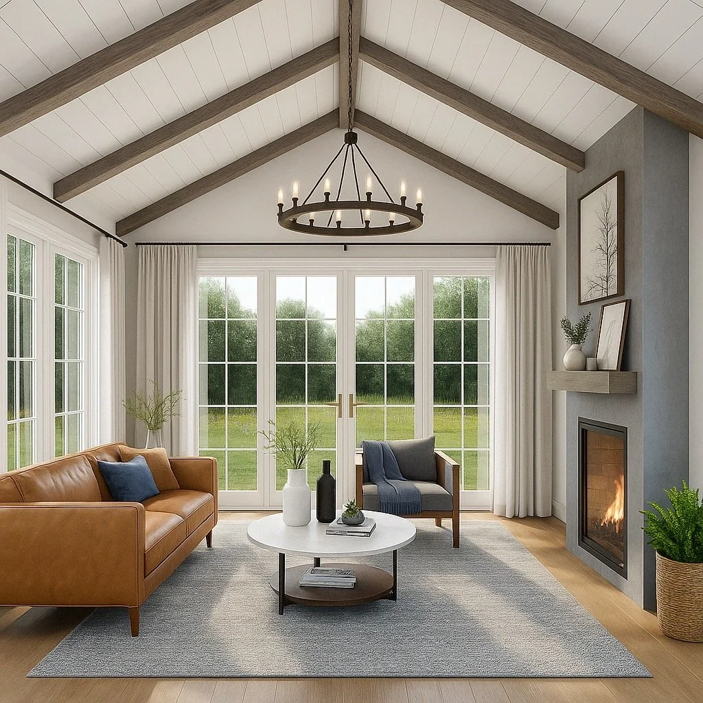Living room with leather sofa, modern armchair, white coffee table, fireplace, large glass sliding doors, and a chandelier on a vaulted ceiling.