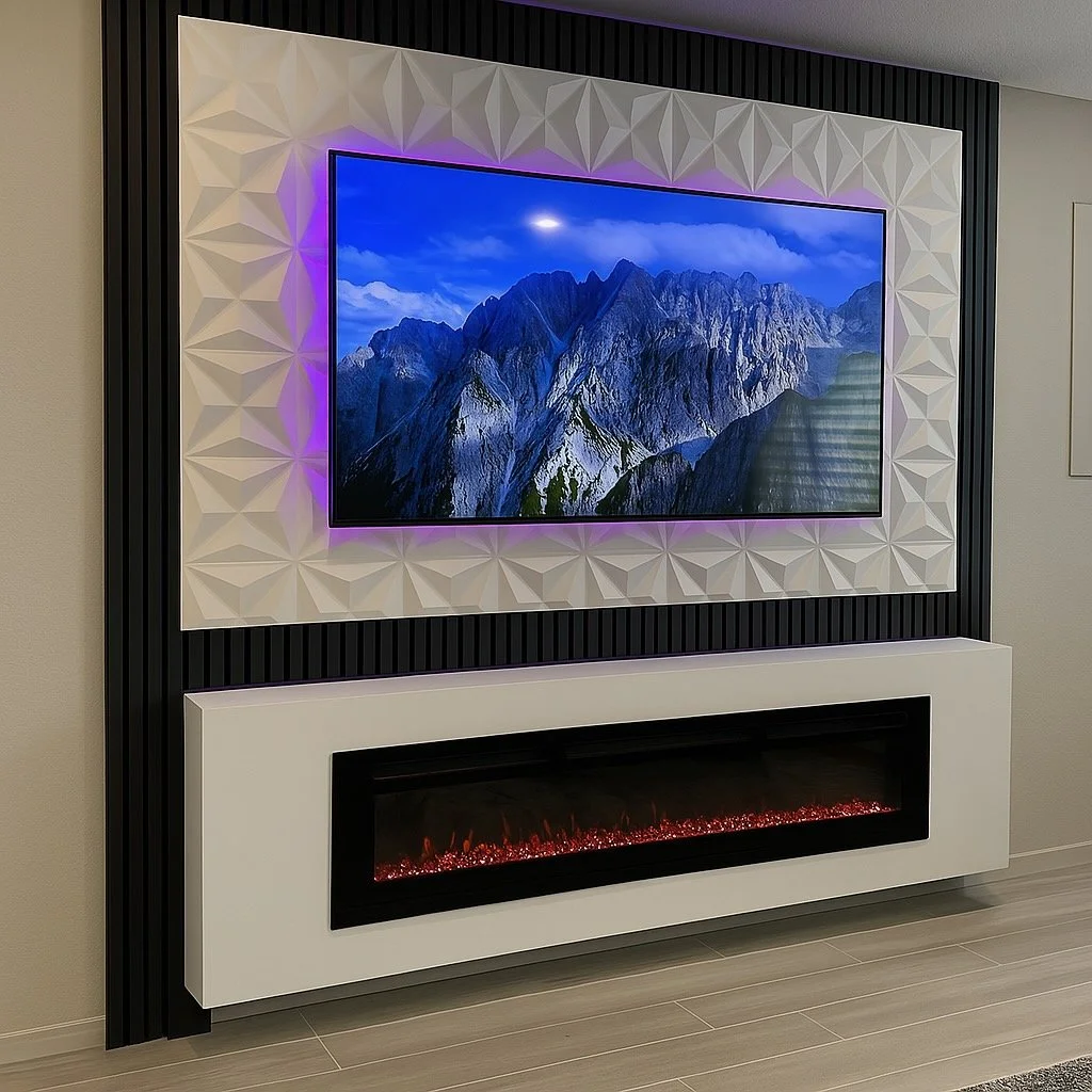 Modern living room wall with a large flat-screen TV displaying mountains, surrounded by decorative 3D wall panels with purple accent lighting, and a sleek electric fireplace below.