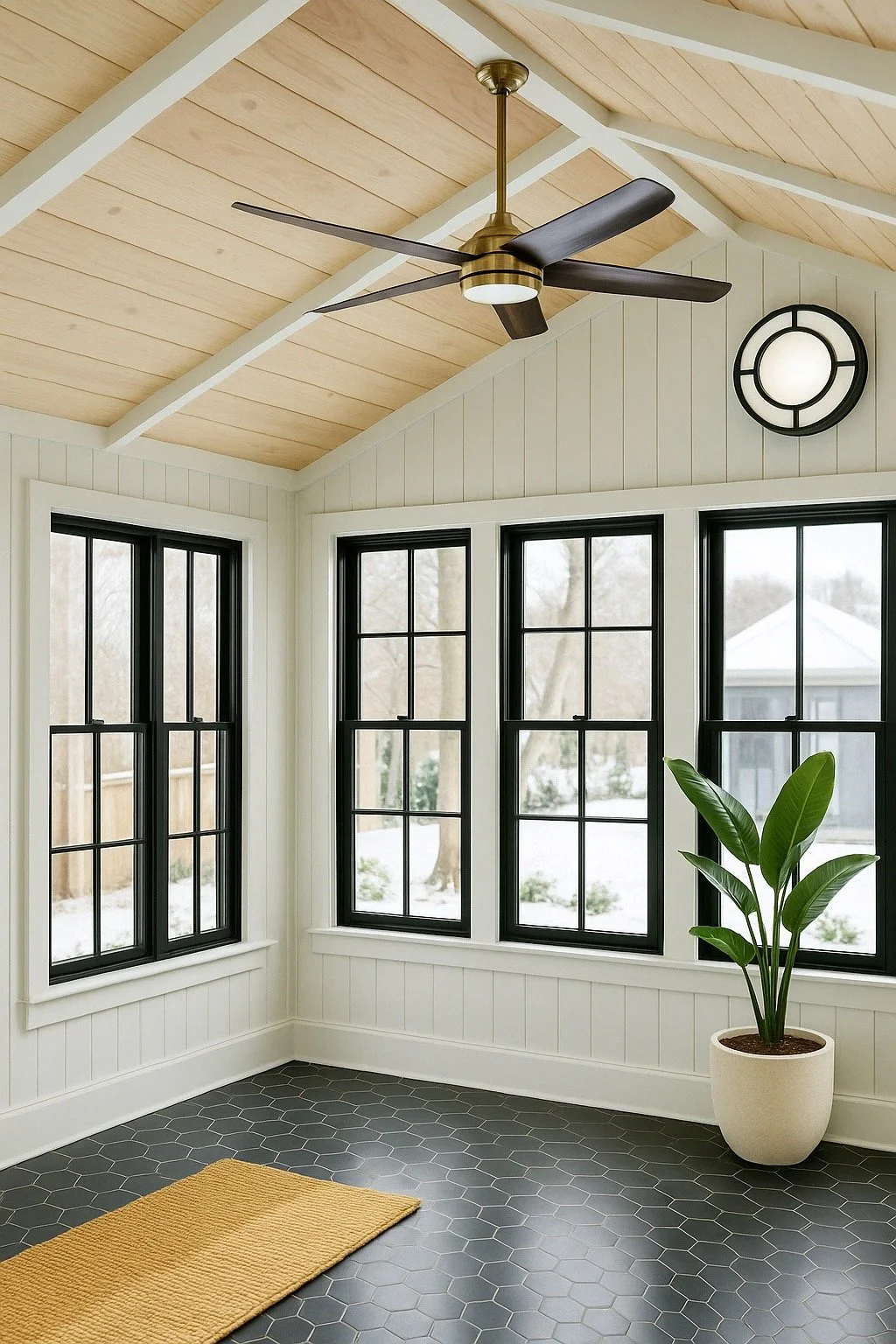 A sunroom with three large black framed windows, a white wall with vertical paneling, a potted green plant, a yellow rug, a modern ceiling fan, and a round wall light.