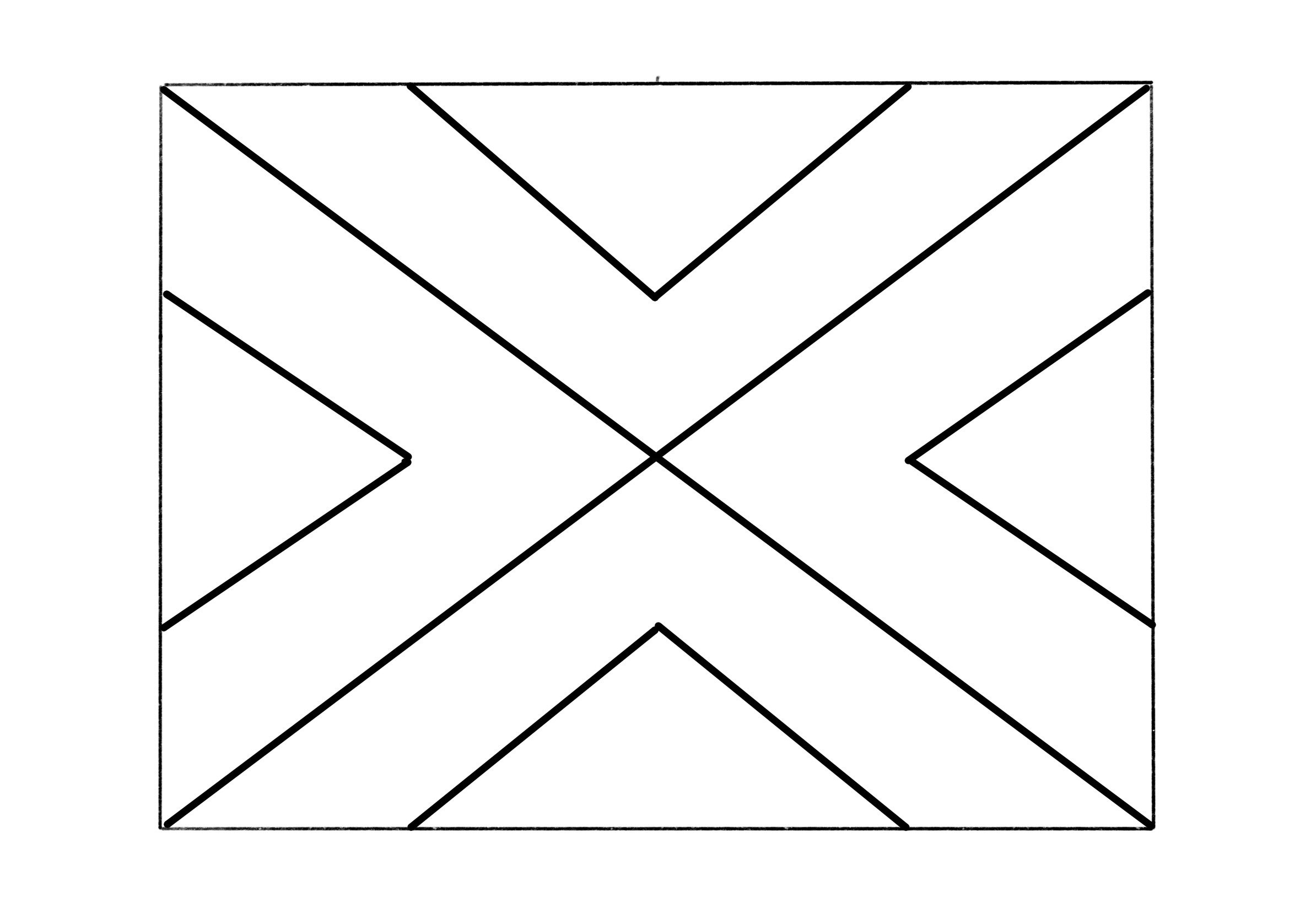Black lines creating a large 'X' shape on a rectangular background, with additional horizontal and diagonal lines forming geometric patterns.