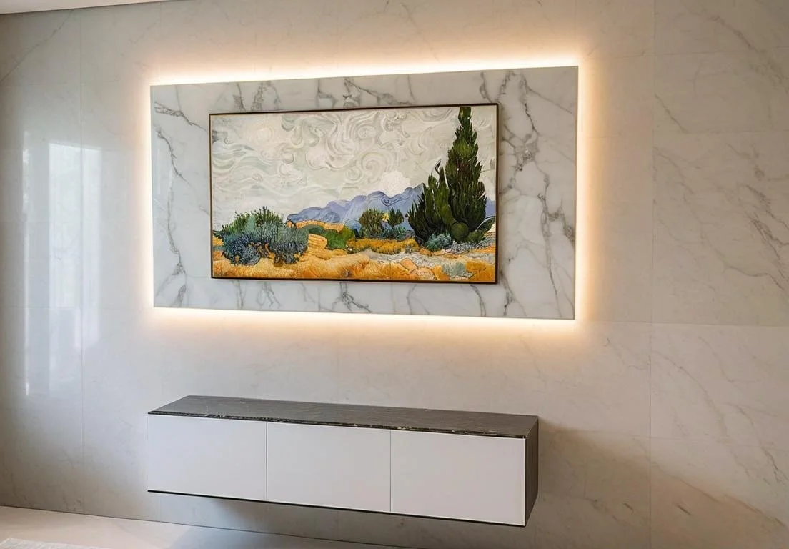 A landscape painting of desert plants and mountains, framed and lit with backlit LED lighting, mounted on a white marble wall with gray veining. A sleek white modern console is below the painting.