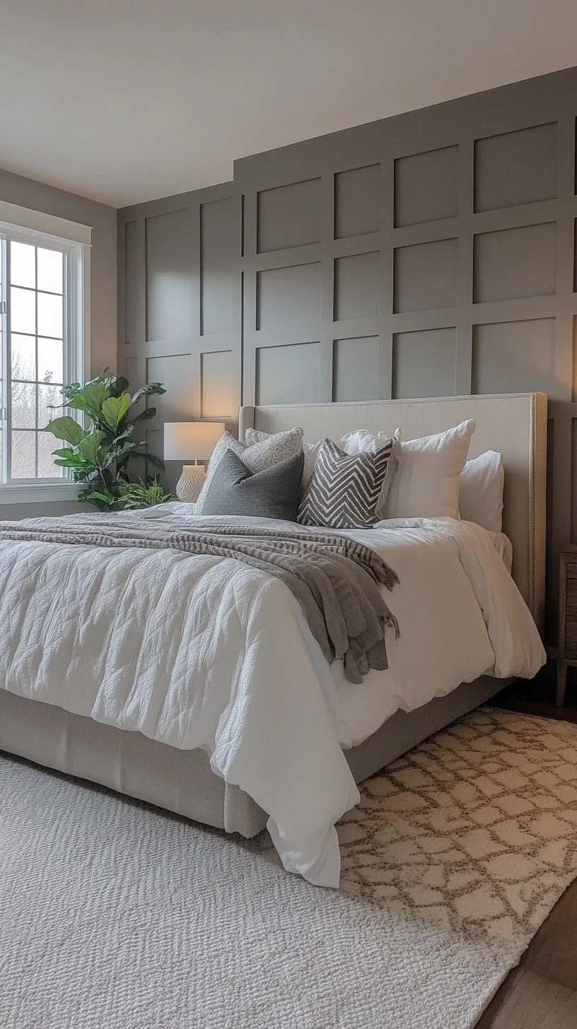 A neatly made bedroom with a large bed, white bedding, multiple pillows, a gray blanket, and a beige headboard. There is a window on the left with natural light, a potted plant, a nightstand with a lamp, and a patterned area rug on the floor. The wal