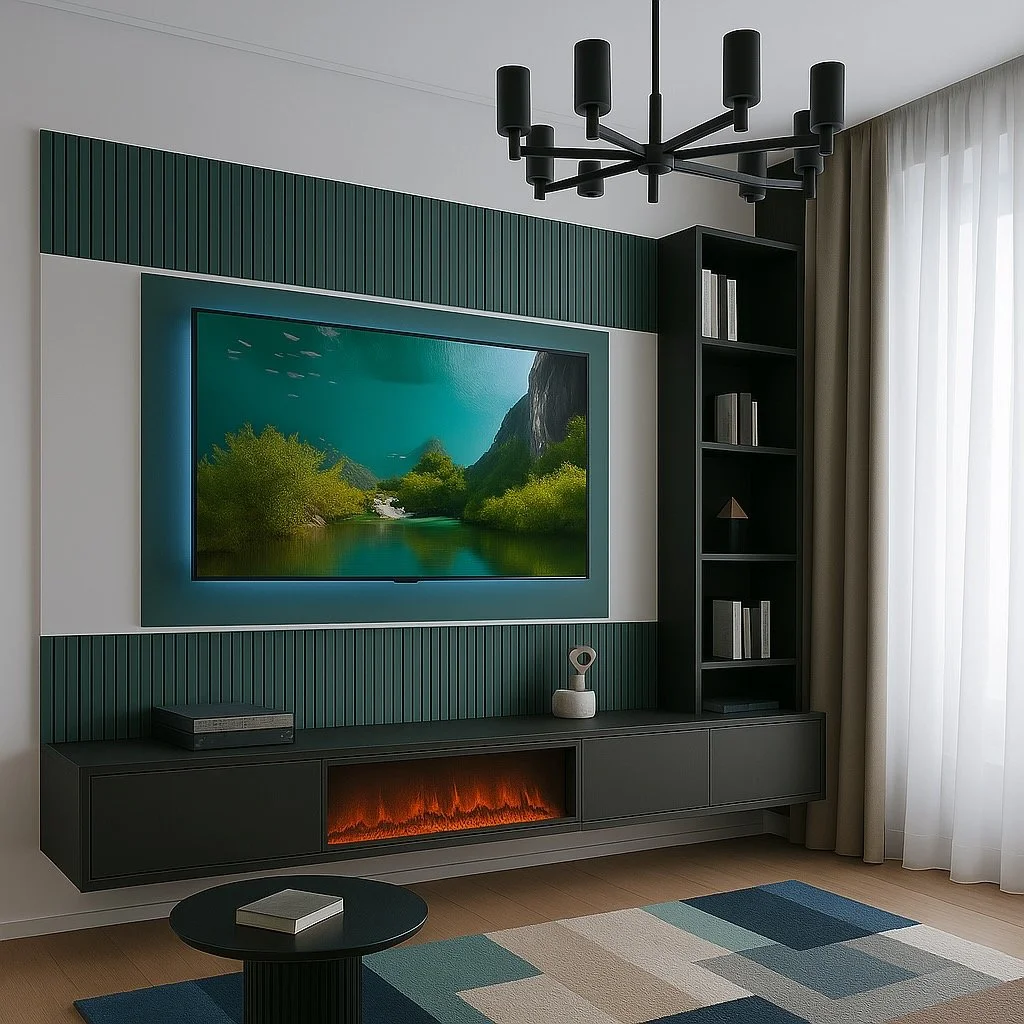 Living room with a wall-mounted television, modern black bookshelf, patterned area rug, black ceiling chandelier, and a curtain covering a large window.