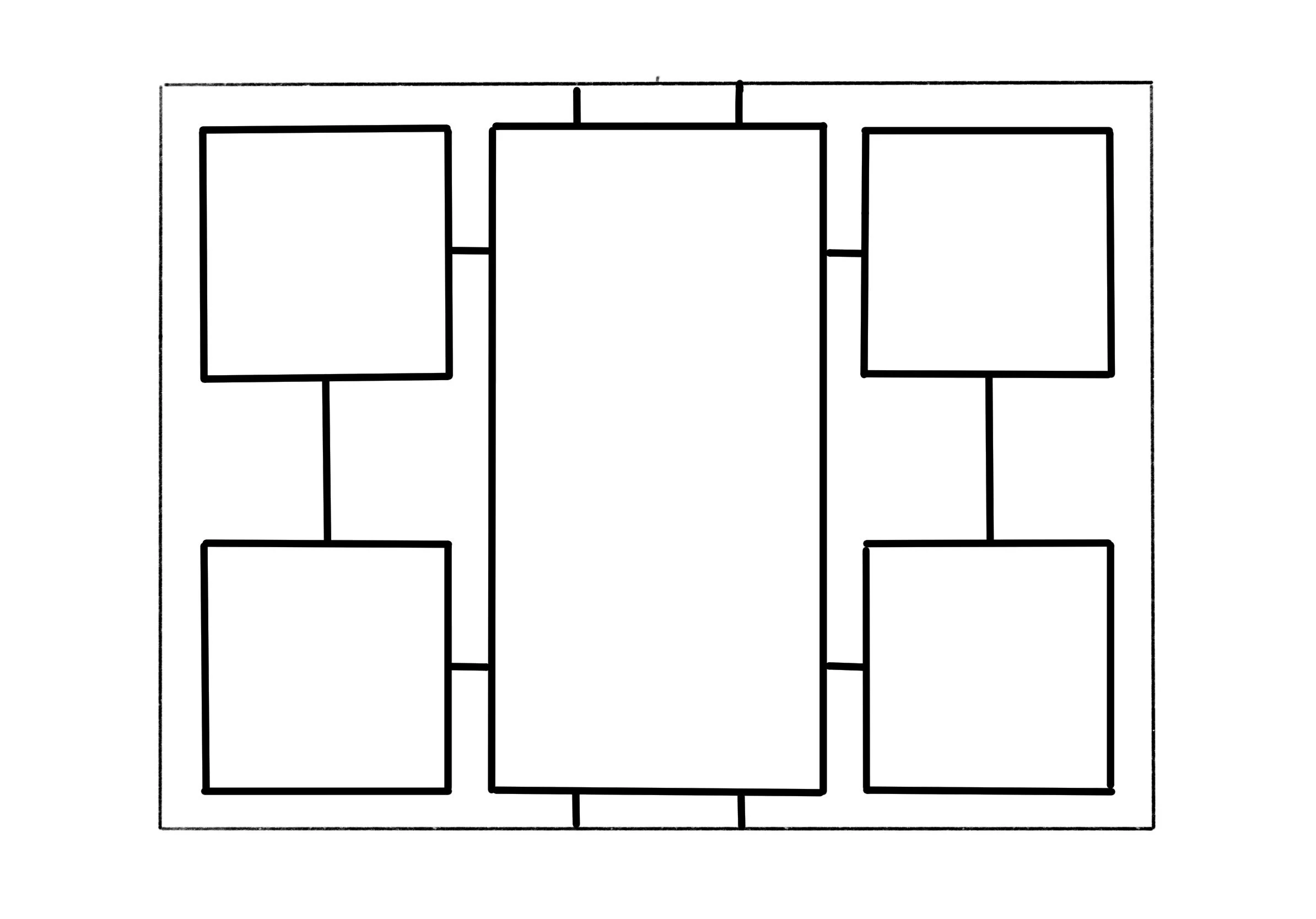 A black and white outline diagram of a structure with six rectangles connected by lines, resembling a flowchart or organizational chart.