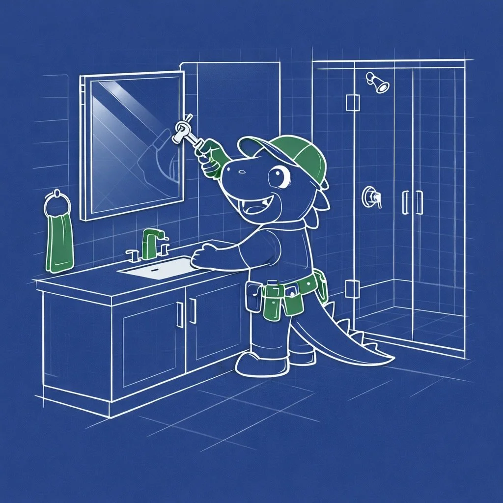 HandyRex installing bathroom vanity mirror and fixtures in a modern bathroom