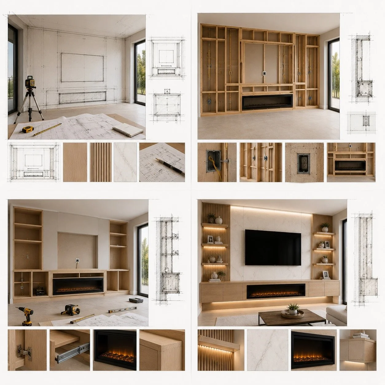 Architectural storyboard illustrating the installation process of a custom media wall with an electric fireplace in an Orlando home