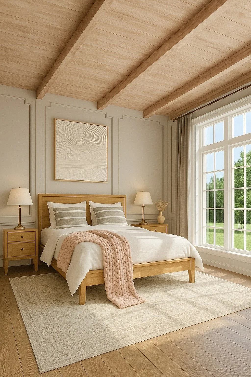 A cozy bedroom with a wooden bed, white bedding, gray striped pillows, and a pink chunky knit blanket. There are matching wooden nightstands with lamps on each side, and a large window with curtains showing greenery outside.