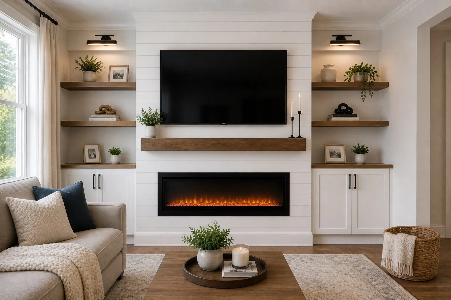 Mid-range fireplace media wall in Tampa with floating shelves, TV and electric fireplace