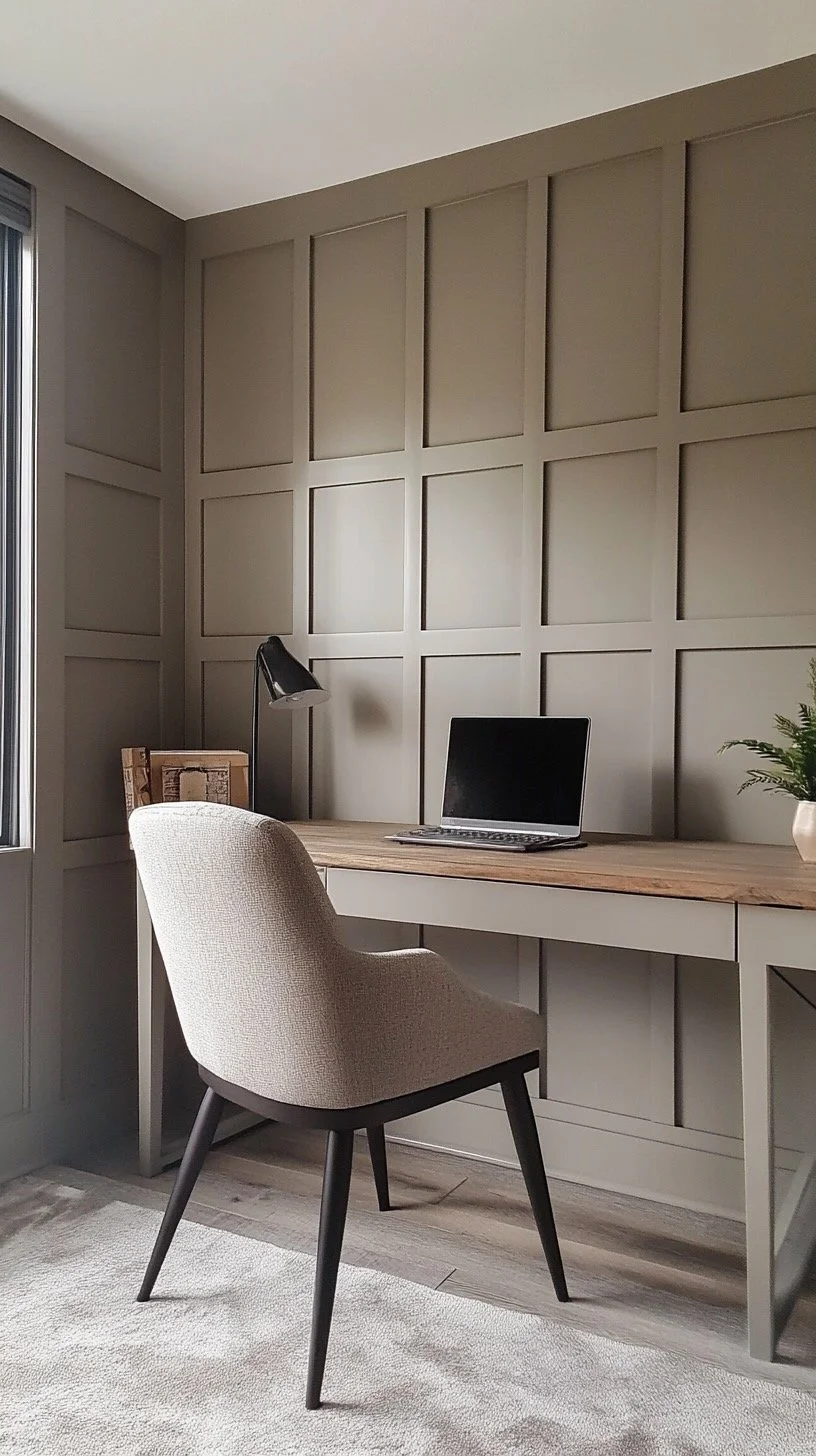 Home office with a beige upholstered chair, a desk with a laptop, a desk lamp, and a potted plant, against a paneled wall with a window to the side.