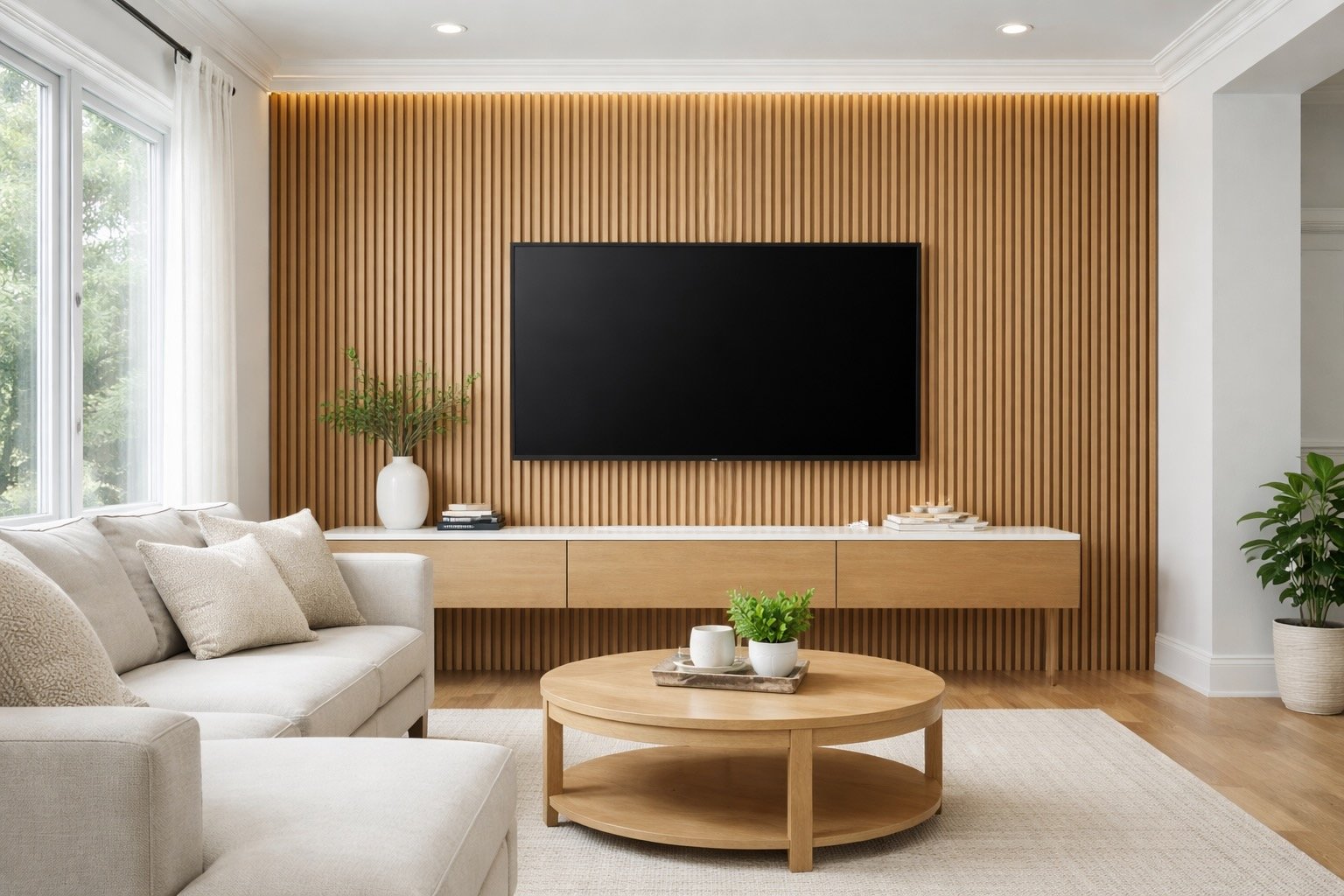 Vertical wood slat accent wall in Tampa home with mounted TV and modern living room design