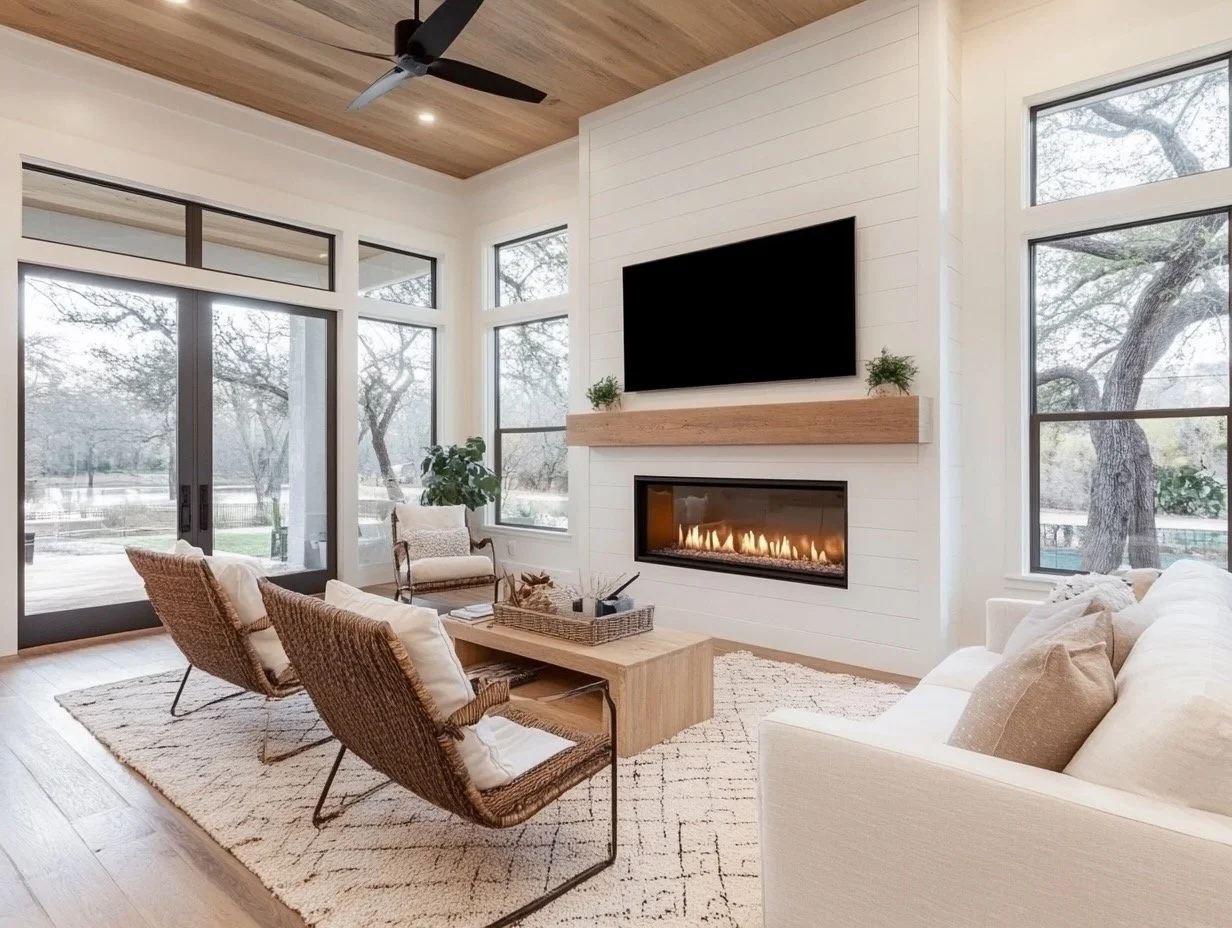 Bright, modern living room with large windows, a fireplace, and a TV above it, furnished with a white sofa, rattan chairs, and a wooden coffee table.
