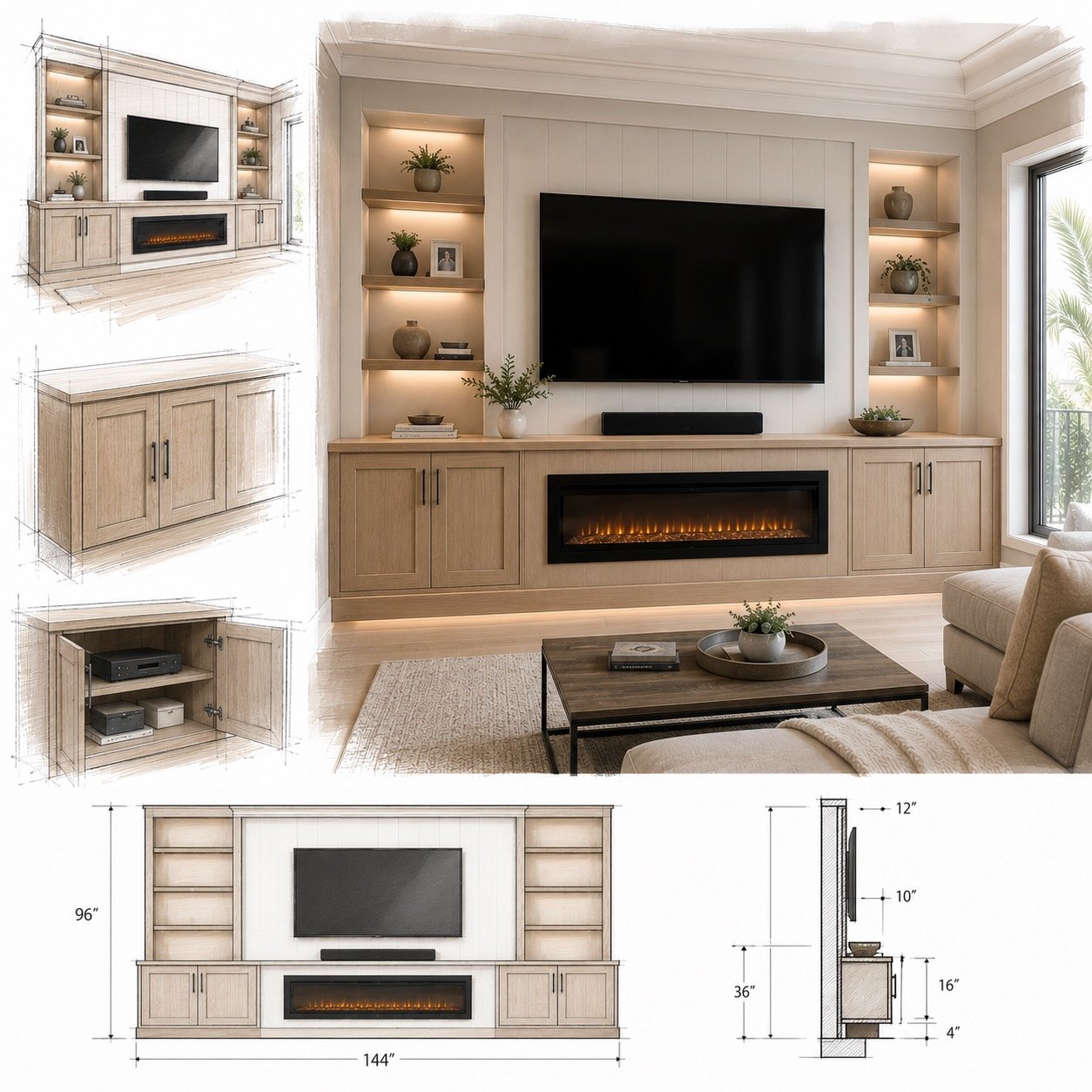 Custom entertainment center with shelves and cabinets concept for Tampa living room