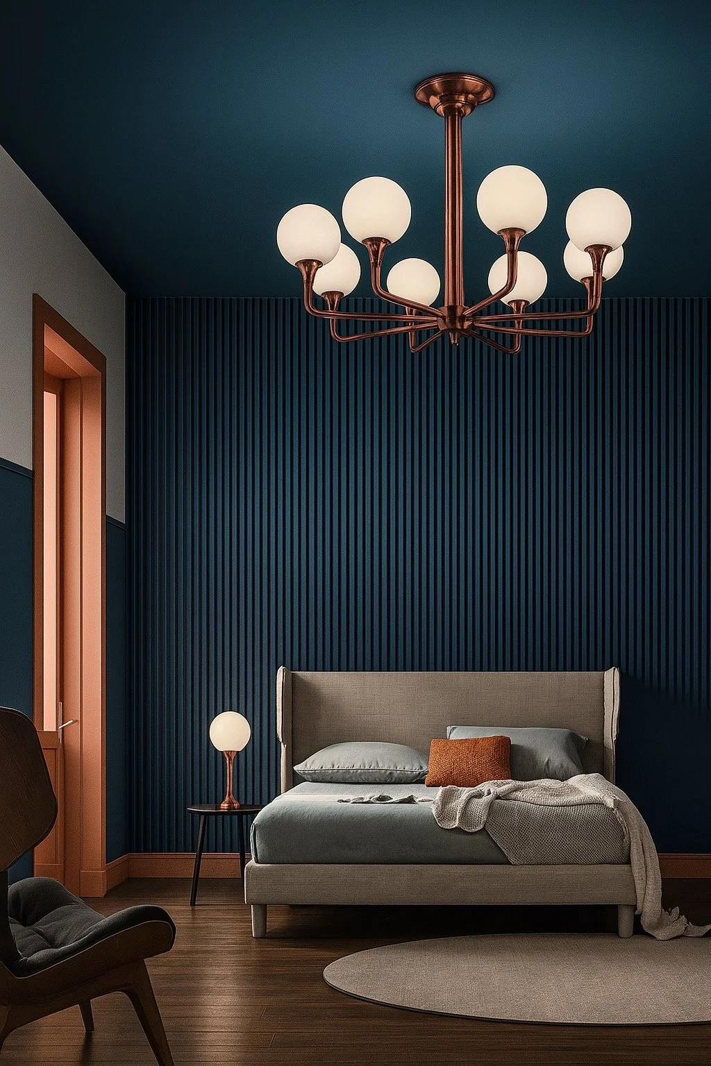 Modern bedroom with dark blue textured wall, beige upholstered bed, white bedding, orange cushion, gray throw blanket, nightstand with lamp, dark wooden floor, and copper chandelier with globe lights.